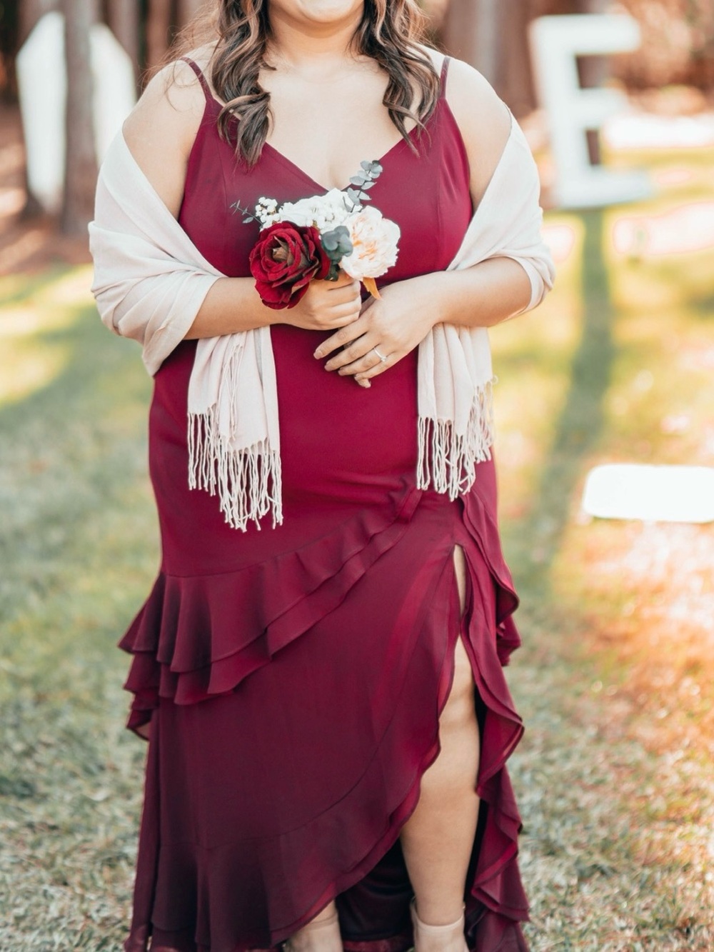 Lulu's Burgundy Ruffle High-Low Wrap Dress